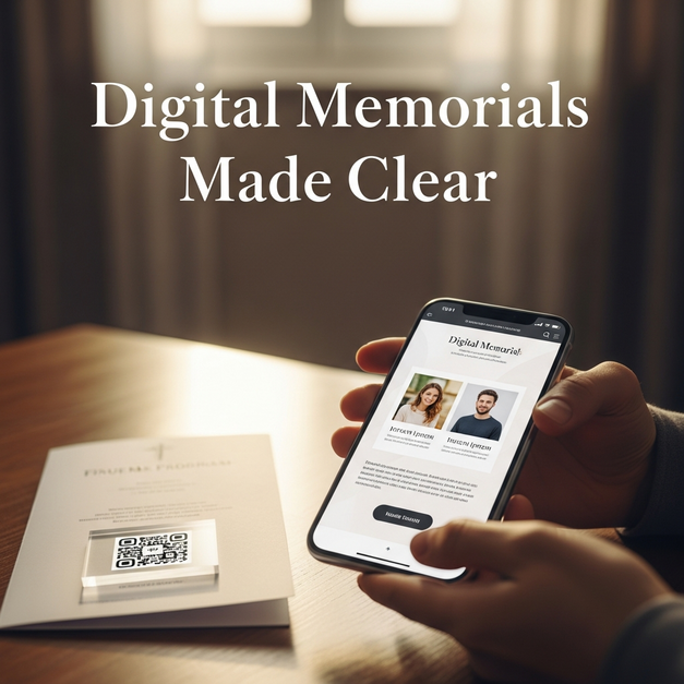 Hands holding a phone with a digital memorial, linking a funeral program via QR code for clarity.