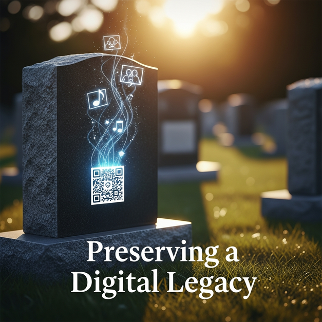 A gravestone with a memorial QR code glowing with light, preserving a family's digital legacy in a sunlit cemetery.