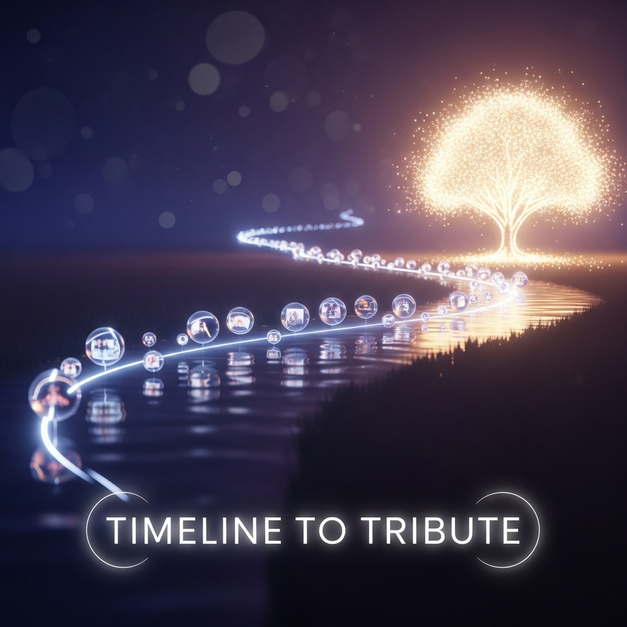 A glowing river timeline transforms into a tribute tree of light, illustrating digital memorial features.