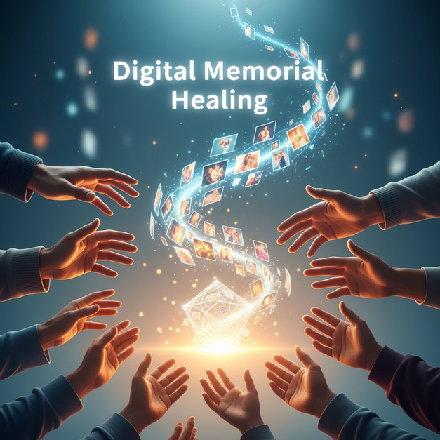 Multi-generational family hands reach for a luminous digital memorial coalescing from glowing memories, with "Digital Memorial Healing" text.