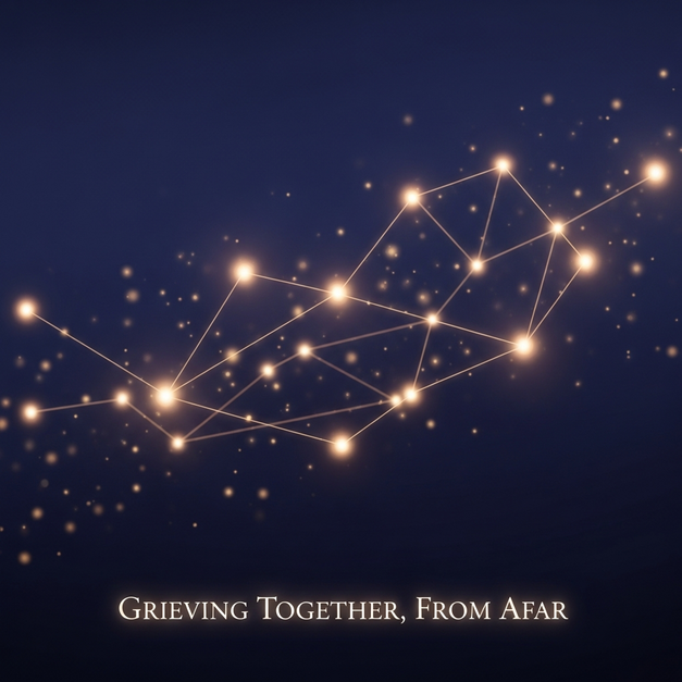 An abstract constellation of connected lights symbolizing collaborative remembrance and how to grieve together from afar.