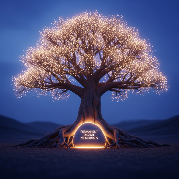 A glowing tree and stone symbolizing the one-time cost of a permanent digital memorial.