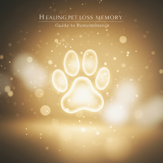 Ethereal image with glowing paw print symbolizing a pet's enduring spirit. Text: 'Healing Pet Loss Memory, Guide to Remembrance'.