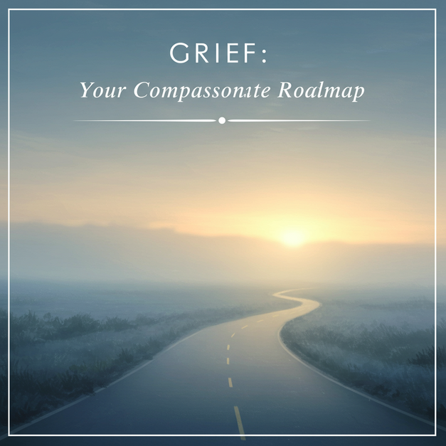 Winding path through a serene, misty landscape towards a warm light, with text 'Grief: Your Compassionate Roadmap' for navigating loss.