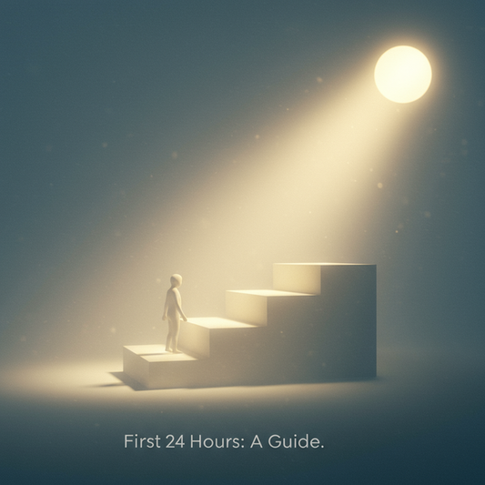 Warm guiding light illuminates a serene, symbolic path, featuring text "First 24 Hours: A Guide" for compassionate support after death.