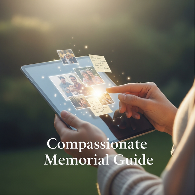 Hands holding a tablet showing a compassionate online memorial website with a collage of cherished memories.