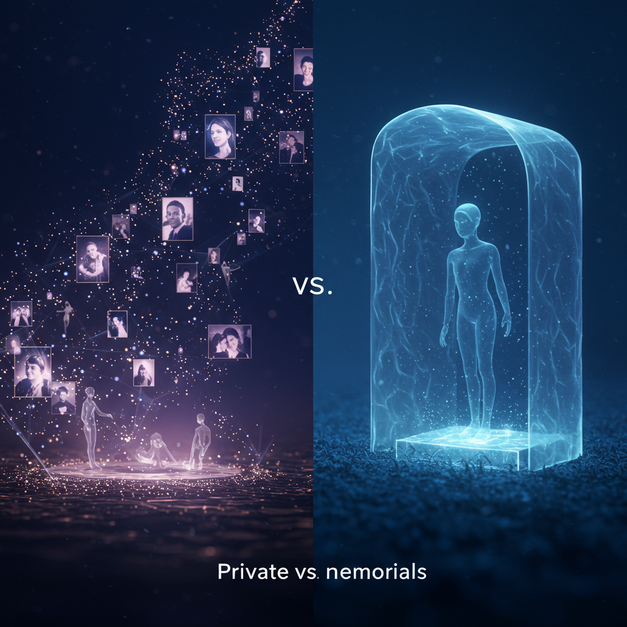Digital art showing open public online memorials versus protected private legacy spaces, with "Private vs Public Memorials" text.