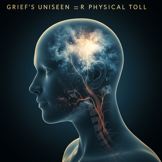 Abstract figure with internal fog and neural pathways, reflecting the impact of grief. Text: Grief's Unseen Physical Toll.