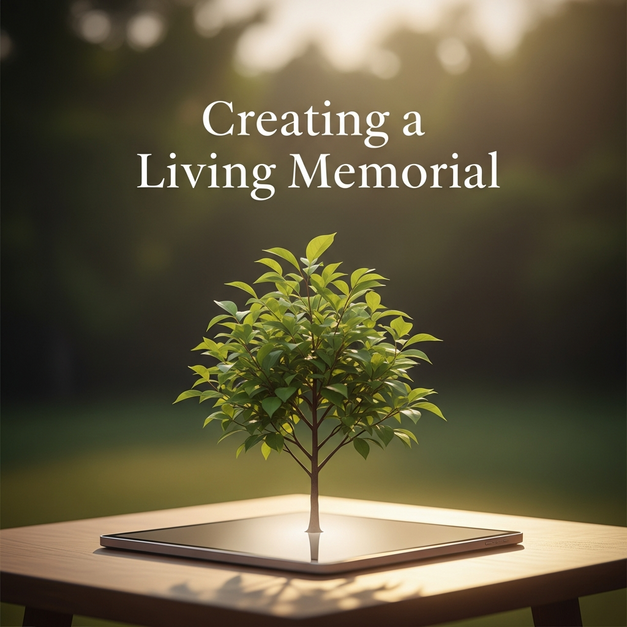 A vibrant tree growing from a tablet, illustrating a compassionate guide to creating a digital living memorial.