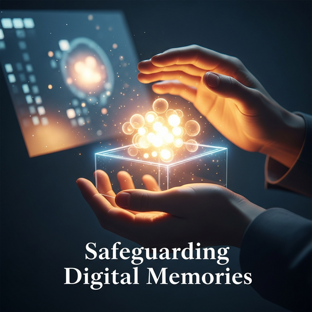 Hands safeguarding digital memories as glowing orbs of light, transferring them to a secure online memorial box for preservation.
