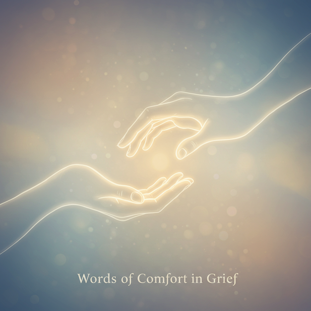 Empathetic digital painting of ethereal hands intertwining with warm light, text 'Words of Comfort in Grief' for support.