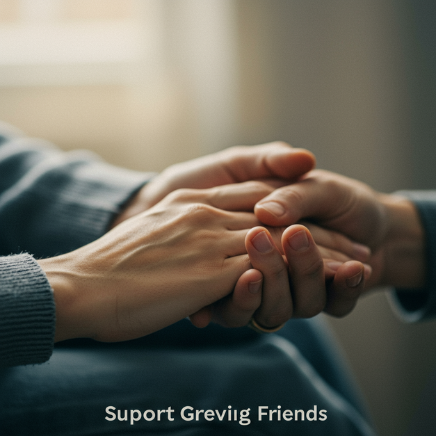 Gentle hands holding, offering empathetic support for a grieving friend, with 'Support Grieving Friends' text.