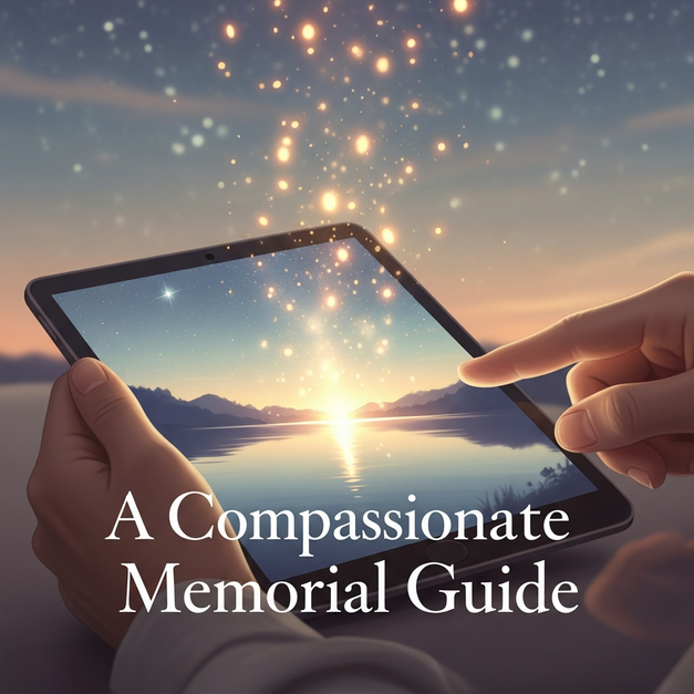 Hands holding a tablet showing a guide to online memorial sites with a serene, starlit memorial scene.