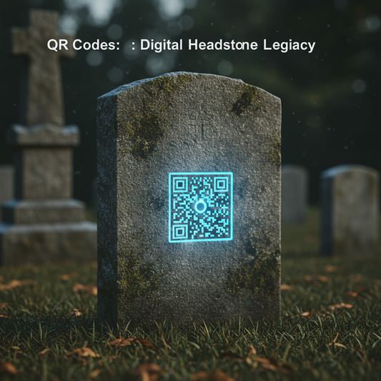 Weathered granite headstone with a glowing QR code and "QR Codes: Digital Headstone Legacy" text, symbolizing a lasting digital legacy.