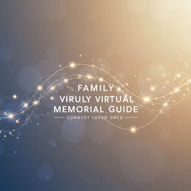 Abstract digital art with glowing lines symbolizing family connection for a virtual memorial guide. Text: 'Family Virtual Memorial Guide'.
