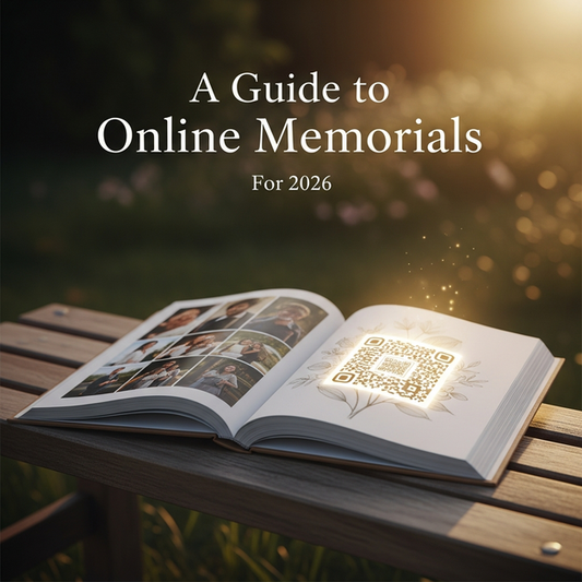 A book titled 'A Guide to Online Memorials for 2026' in a garden, with photos and a QR code for memorial platforms.