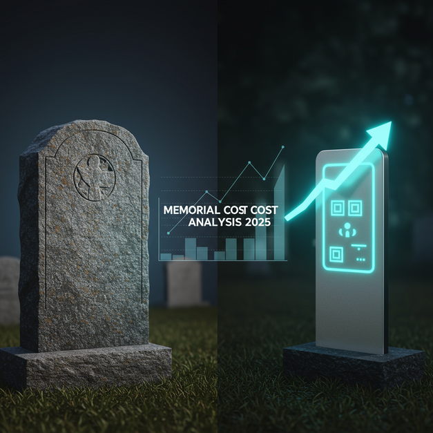 Traditional granite headstone vs. modern QR memorial plaque, with a data graph comparing 2025 costs.