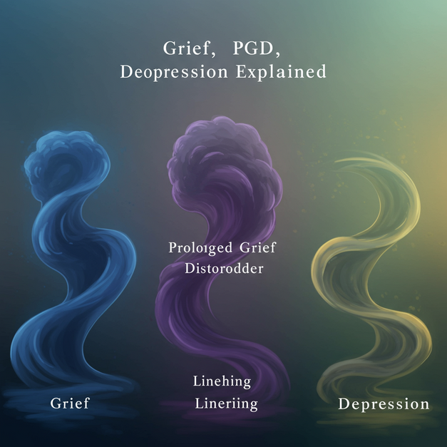 Abstract art showing blue grief, purple Prolonged Grief Disorder, and grey depression pathways with "Grief, PGD, Depression Explained" overlay.