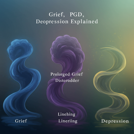 Abstract art showing blue grief, purple Prolonged Grief Disorder, and grey depression pathways with "Grief, PGD, Depression Explained" overlay.