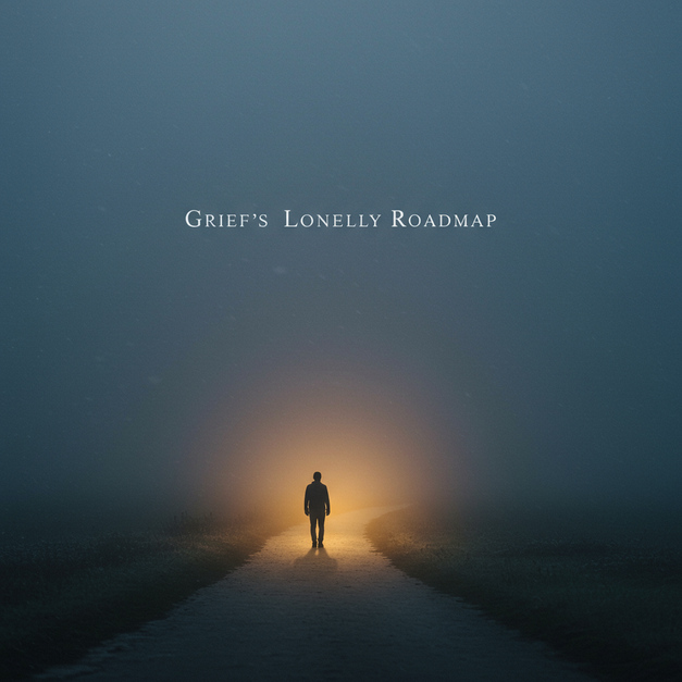A solitary figure on a winding, illuminated path, depicting grief's lonely journey towards coping and reconnection. Features 'Grief's Lonely Roadmap'.
