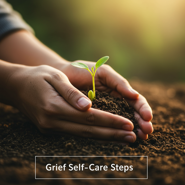 Gentle hands nurture a green plant, symbolizing self-care and healing steps during grief.