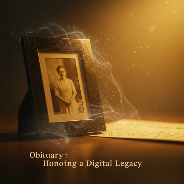 Close-up of an aged memento with ethereal digital wisps and text 'Obituary: Honoring a Digital Legacy', for writing a compassionate obituary.
