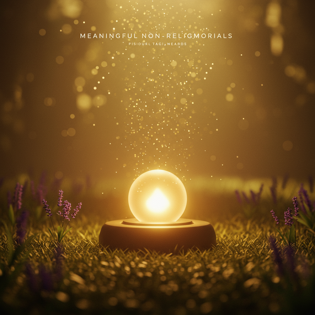 Serene digital art: a glowing orb on a pedestal in a peaceful garden with ascending lights and 'Meaningful Non-Religious Memorials' text.