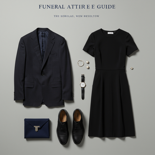 Respectful funeral attire flat lay: dark suit jacket, black midi dress, leather shoes, and accessories. 'Funeral Attire Guide'.