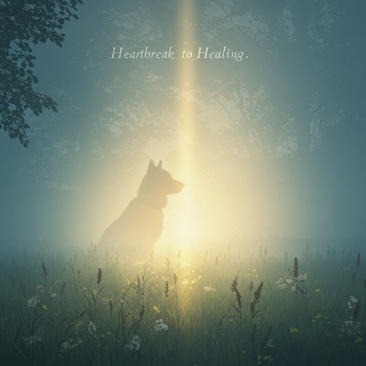 Serene dawn landscape with a translucent pet silhouette and 'Heartbreak to Healing' text, symbolizing healing from pet loss.