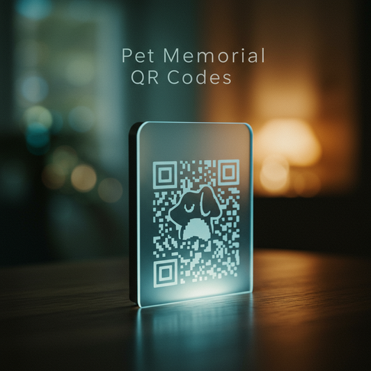 Glowing pet memorial QR code with a subtle paw print outline, serving as a lasting digital tribute. Text: Pet Memorial QR Codes.