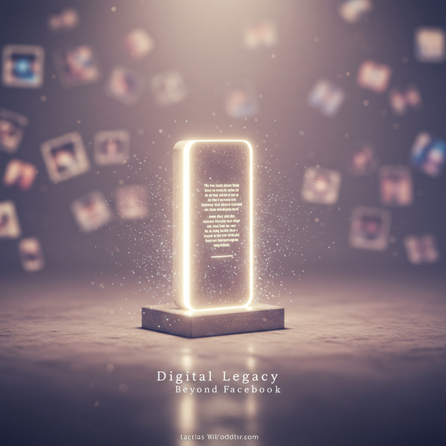 Glowing digital monument symbolizing a lasting digital legacy, emerging from a social media feed, with text 'Digital Legacy Beyond Facebook'.