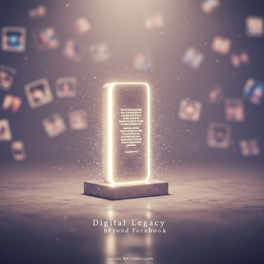 Glowing digital monument symbolizing a lasting digital legacy, emerging from a social media feed, with text 'Digital Legacy Beyond Facebook'.
