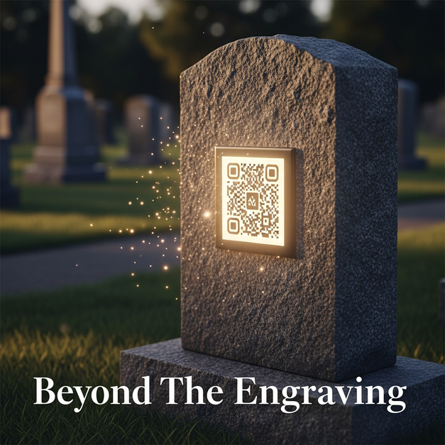 A glowing memorial QR code on a granite headstone at sunset, symbolizing a digital legacy beyond the engraving.