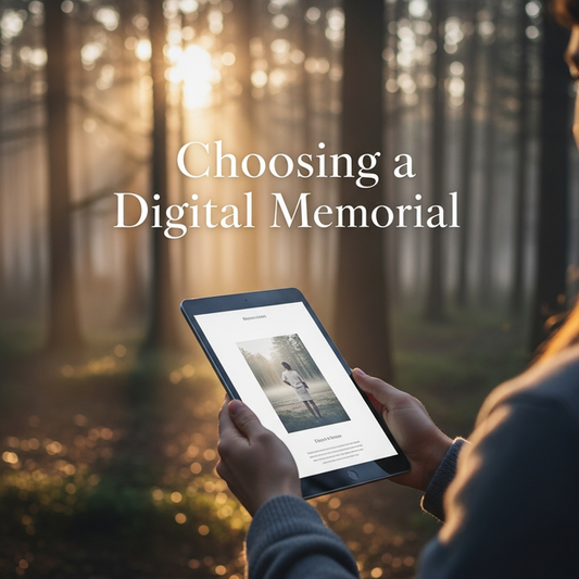 A person holds a tablet to choose a digital memorial site in a serene, peaceful forest.