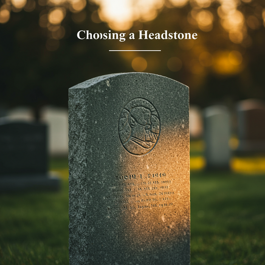 Dignified polished granite headstone in a serene cemetery with 'Choosing a Headstone' text, symbolizing a lasting memorial.
