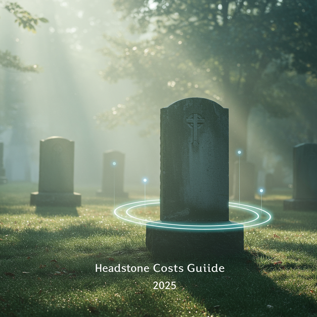 Elegant headstone in a serene natural setting with a guiding glow, featuring 'Headstone Costs Guide 2025' text.
