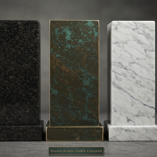 Polished granite, patinated bronze, and white marble blocks representing timeless headstone materials, with text 'Granite Bronze Marble Compared'.