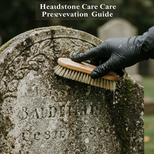 Gloved hand gently cleans a weathered granite headstone, revealing its texture, with "Headstone Care & Preservation Guide" text.