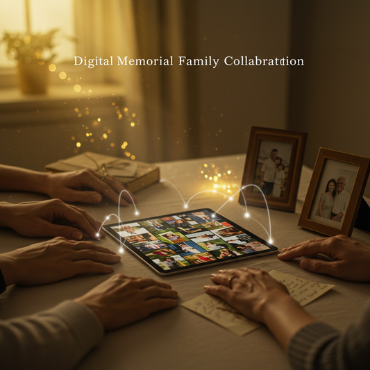 Family hands collaborate around a digital tablet displaying cherished photos and keepsakes, symbolizing a shared digital memorial.