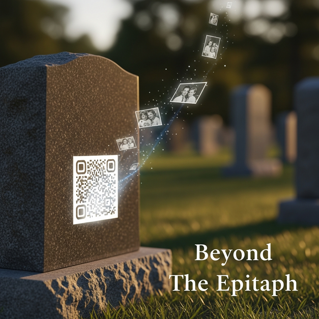 A granite headstone with a glowing QR code releasing holographic family photos in a sun-dappled cemetery.