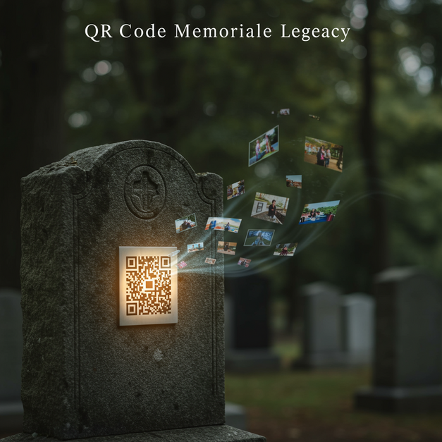 Elegant headstone with a glowing QR code memorial plaque, projecting digital memories. Text: QR Code Memorial Legacy.