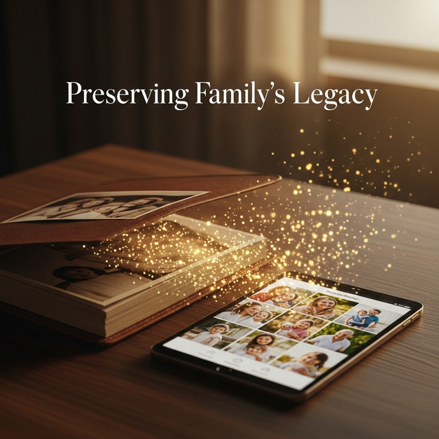 Preserving a family's legacy by transferring photos from a vintage album to a digital gallery on a tablet.