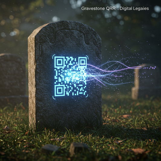 Weathered gravestone with glowing QR code, "Gravestone QR: Digital Legacies" text, and ethereal data streams.