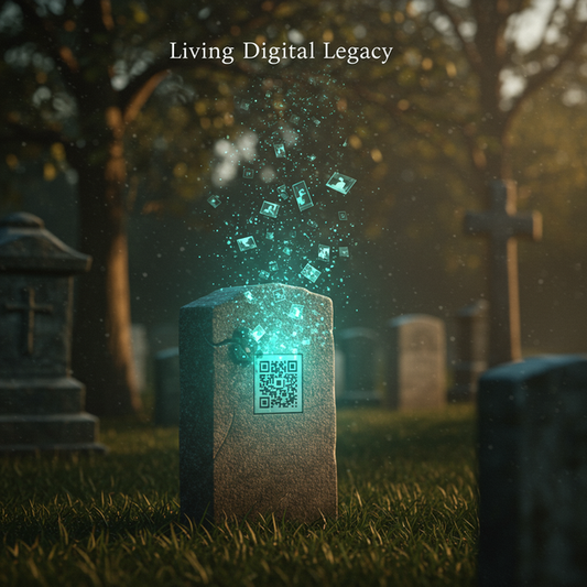 Headstone with a glowing memorial QR code creating digital streams, symbolizing a living digital legacy.