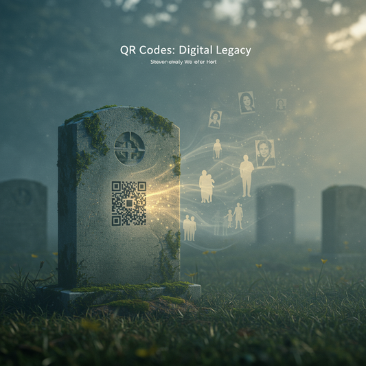 A gravestone with a QR code emitting data streams forming sepia images of families, creating a lasting digital legacy.