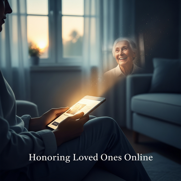 Person in a quiet room holding a tablet for an online memorial, a loving memory of a relative projected from the screen.