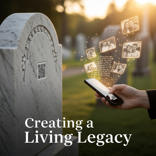 A smartphone scanning a headstone QR code, revealing a living legacy of photos in a sunlit cemetery.