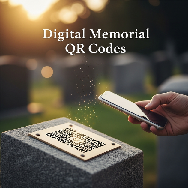 A hand uses a smartphone to scan a gravesite QR code on a headstone, unlocking a digital memorial at sunset.