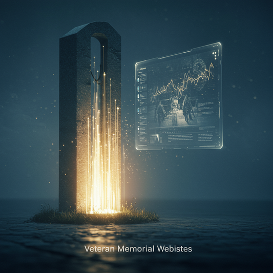 Serene digital memorial with glowing data streams and floating interface displaying 'Veteran Memorial Websites' text, honoring heroes' legacy.