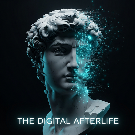 A glitching marble bust dissolving into glowing binary code, representing the concept of a digital afterlife.